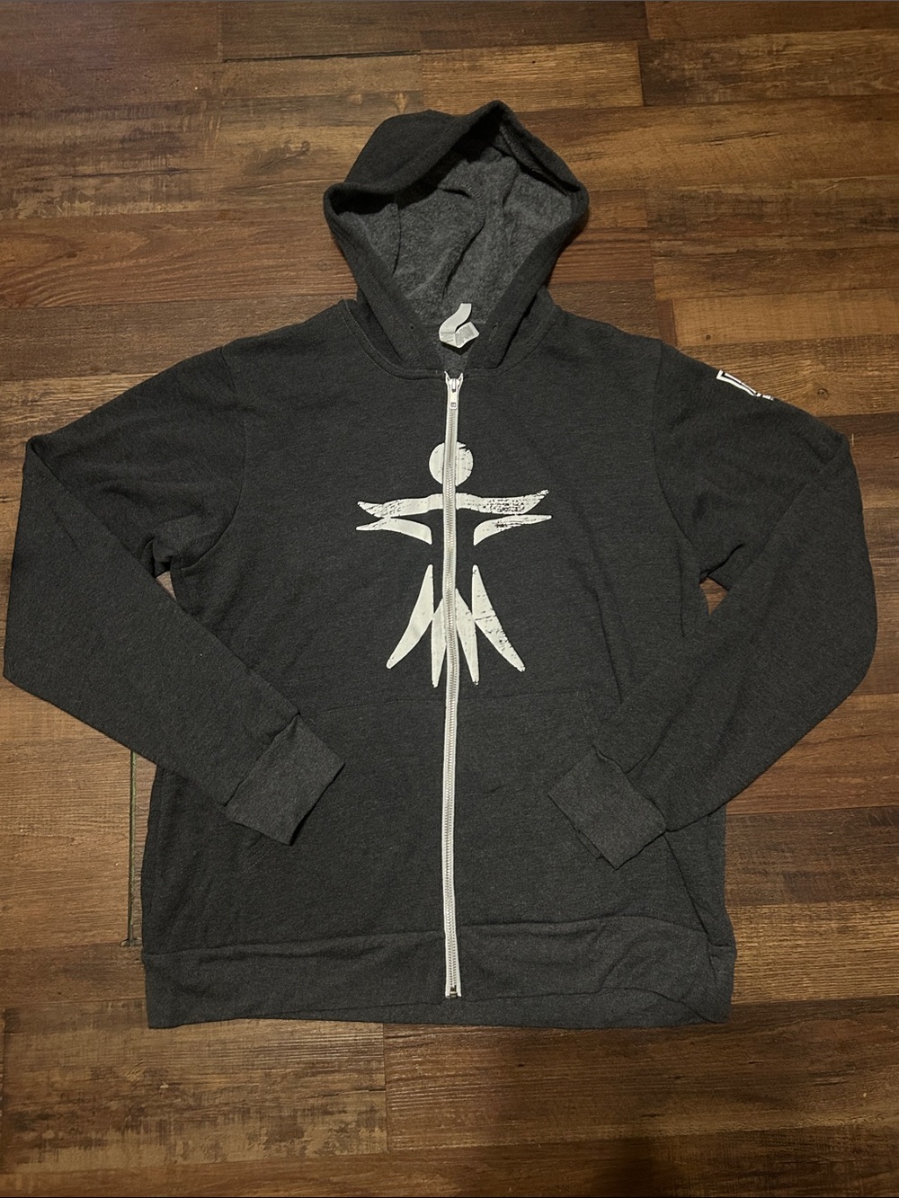 Charcoal Gray Zip-Up Hoodie Sweater with White Graphic